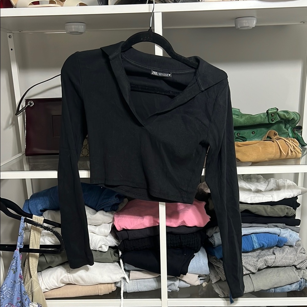 Zara Black Collar Crop Long Sleeve Sweater